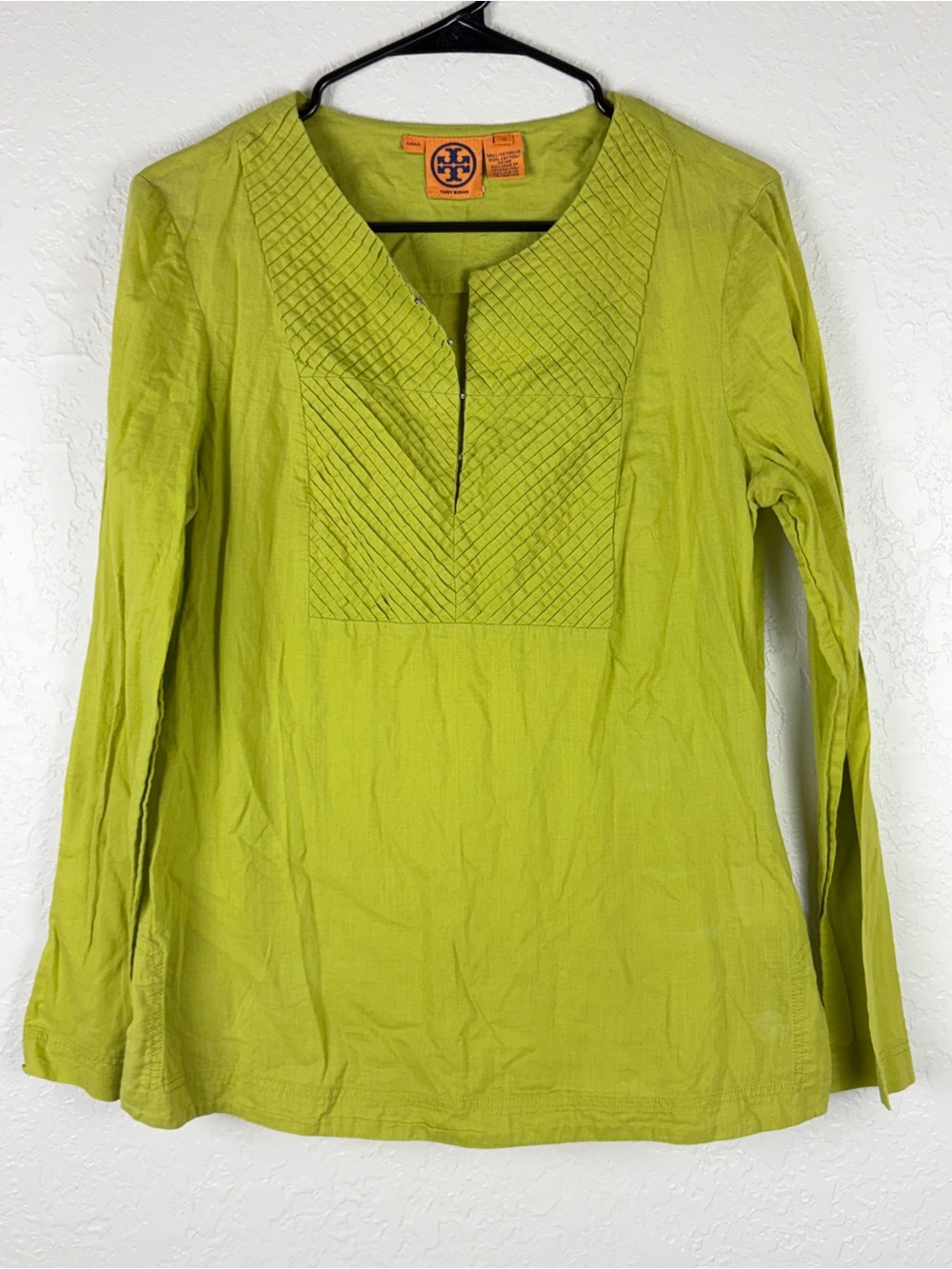 Tory Burch Pintuck Long-Sleeve Tunic sz 10 Lime Green